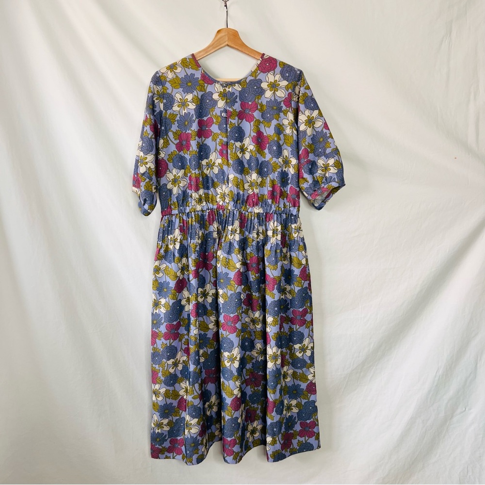 YMC London Floral Midi Smock Dress Size S 70s Mod Blue Pink Cotton Garden - Picture 9 of 16